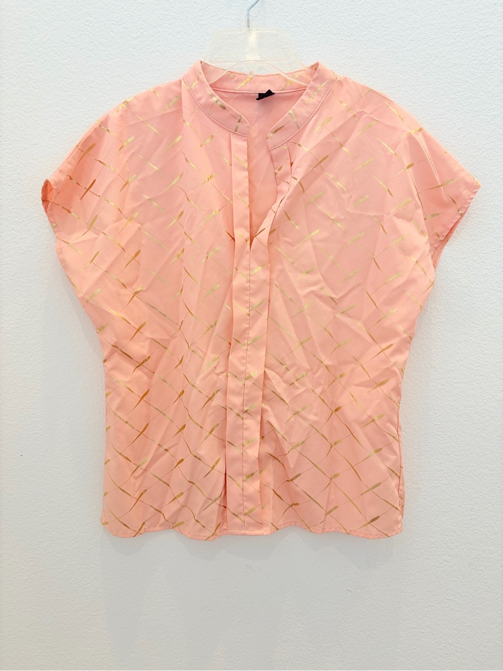 Sason Light Pink Gold Foil Grid Cap Sleeve Mandarin Collar Blouse | Size XS - 15